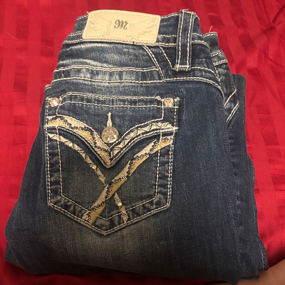 Miss Me Dark Blue Boot Cut Jeans with Gold Embroidery